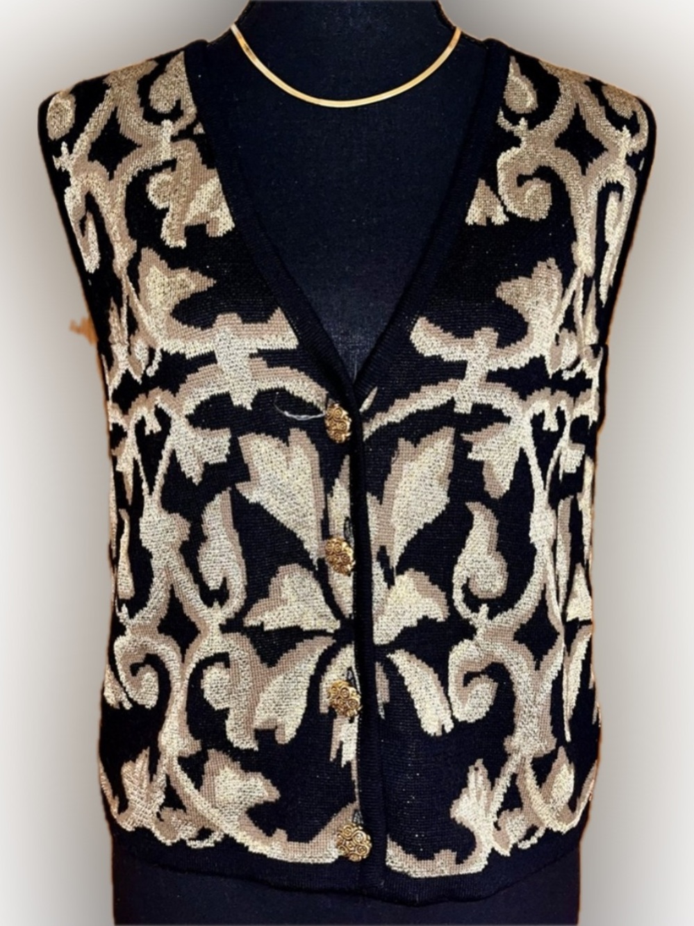 Vintage Peter Nygard Gold Metallic Knit Sweater Vest Small 90s Mob Wife Baroque - Picture 1 of 15